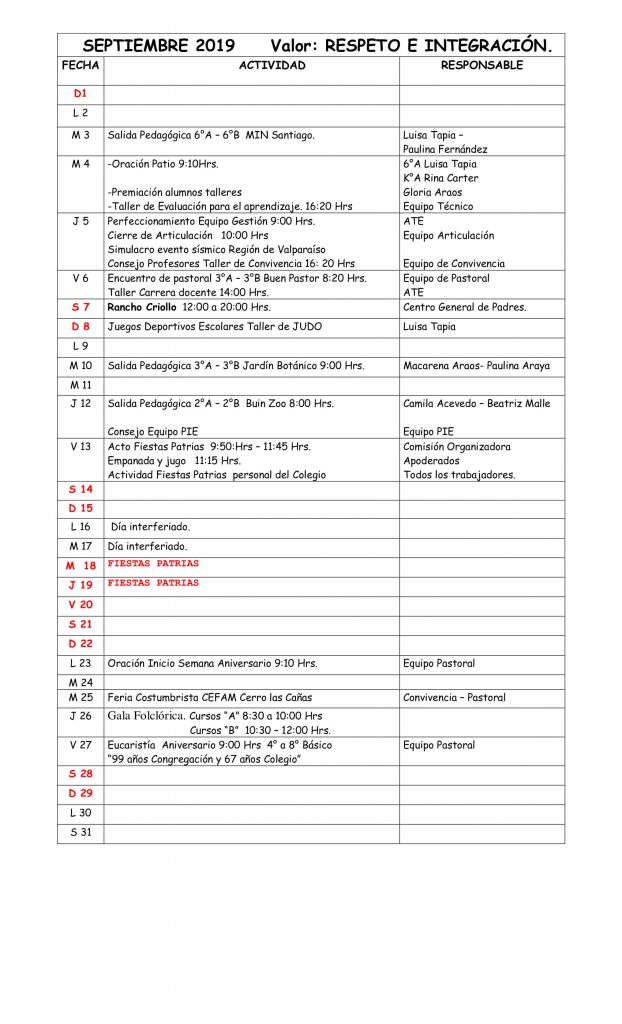 calendario Septiembre 2019 – Colegio Sagrada Familia de Nazareth